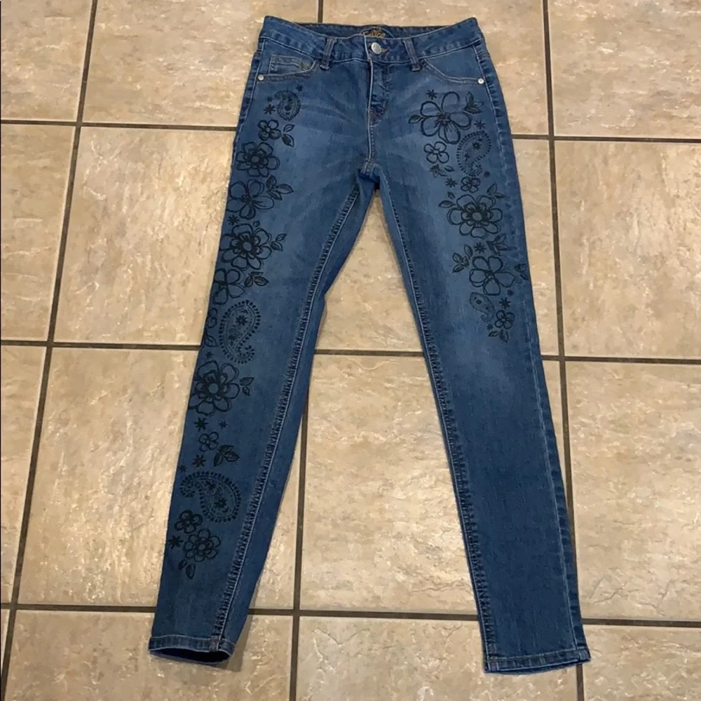 Justice Girls Blue Denim Jeans with Black Floral Print